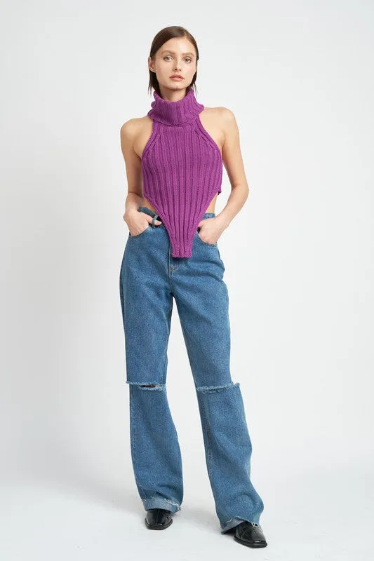 Knit Turtle Neck Open Back Crop Top