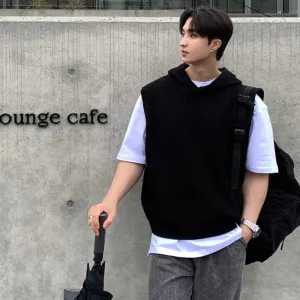 Korean Style Men's Vest Hooded Knitting Casual Sleeveless Pullover Tops Loose Male Clothing Fashion Summer 9C6426