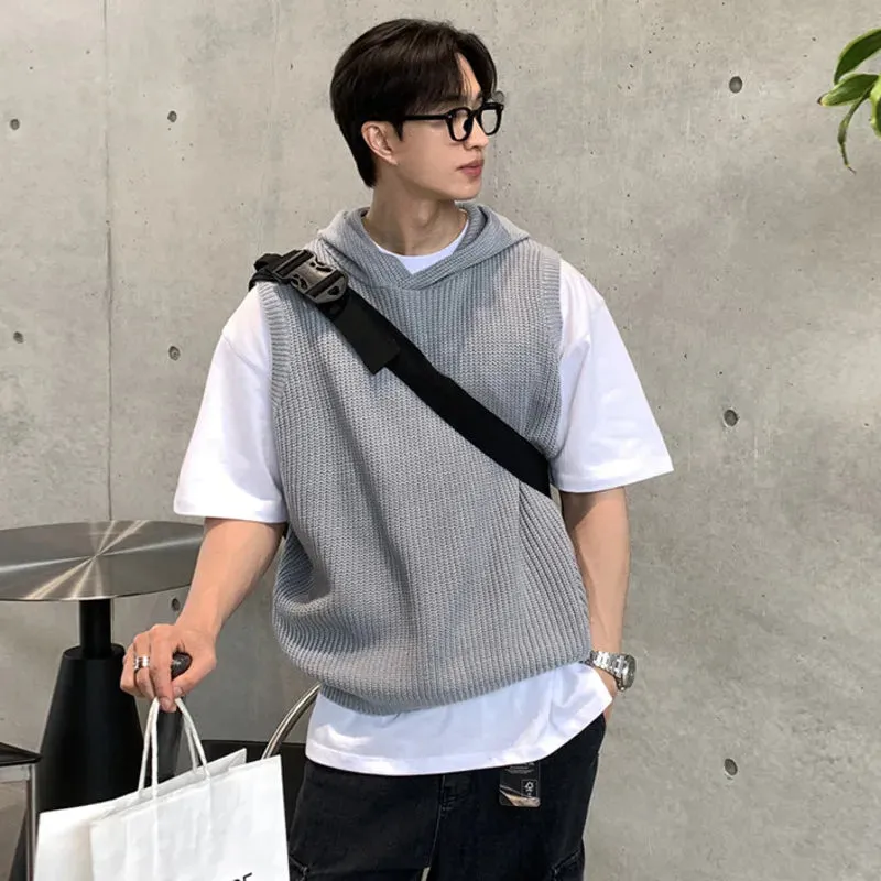 Korean Style Men's Vest Hooded Knitting Casual Sleeveless Pullover Tops Loose Male Clothing Fashion Summer 9C6426