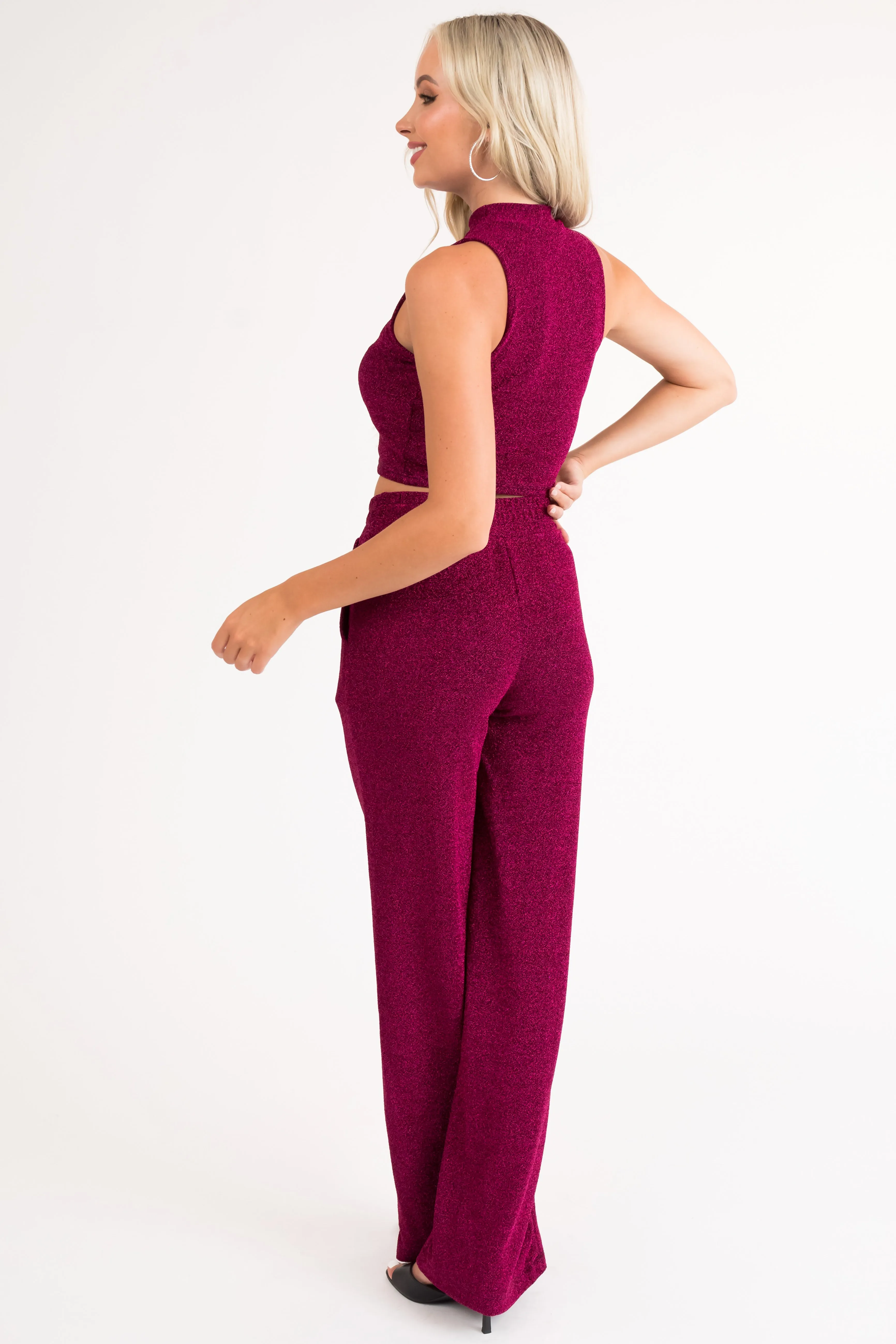 Magenta Glitter Wide Leg Stretchy Lurex Pants