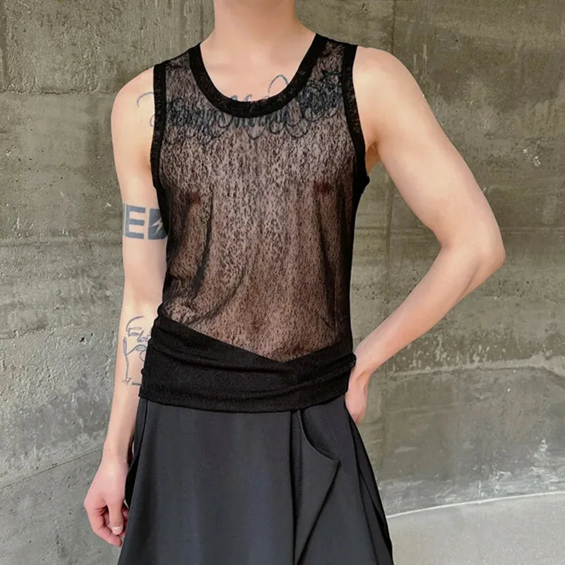 Male Tank Top Slim Fit Round Neck Stylish See-through Sexy Summer High Street Trendy Sleeveless Men's Vest C5787