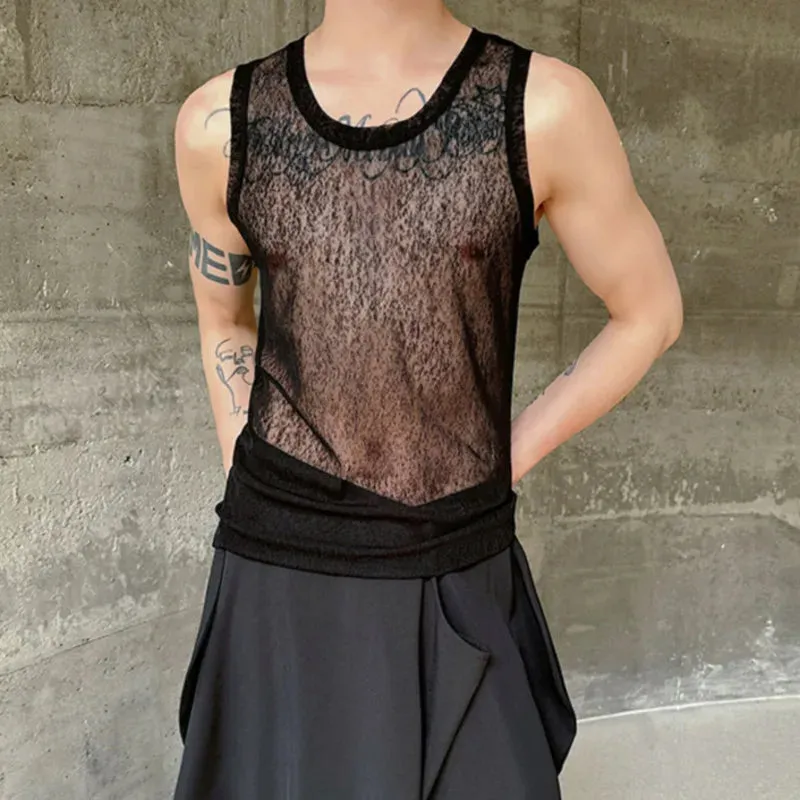 Male Tank Top Slim Fit Round Neck Stylish See-through Sexy Summer High Street Trendy Sleeveless Men's Vest C5787