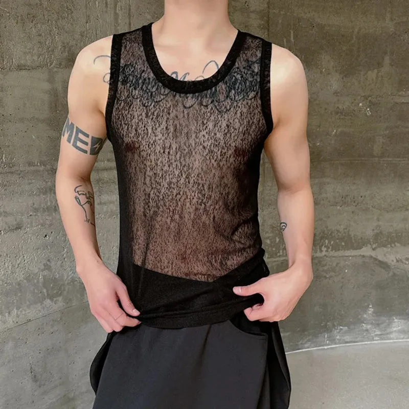 Male Tank Top Slim Fit Round Neck Stylish See-through Sexy Summer High Street Trendy Sleeveless Men's Vest C5787