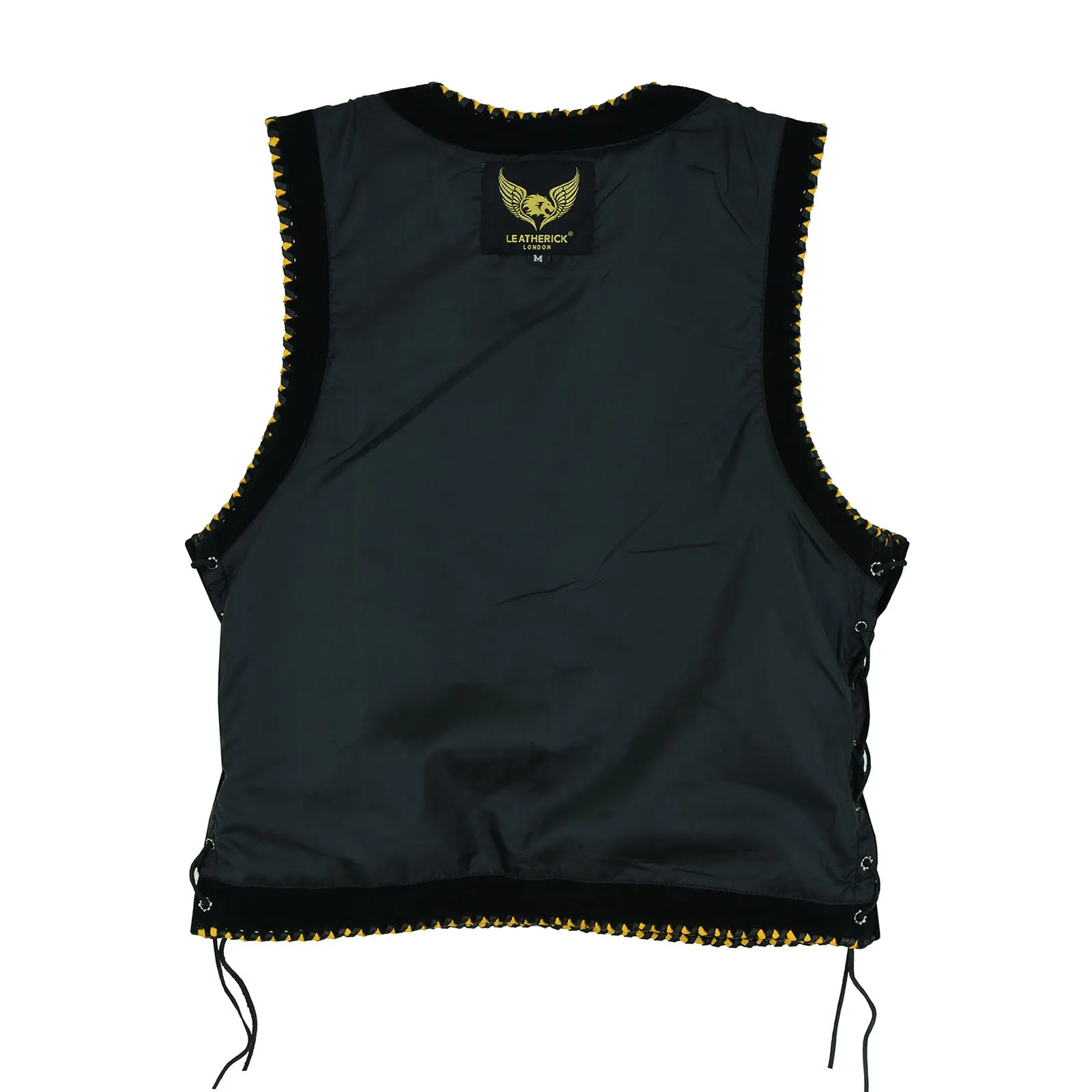 Men Australian Black Suede Biker Leather Vest with Yellow Braid