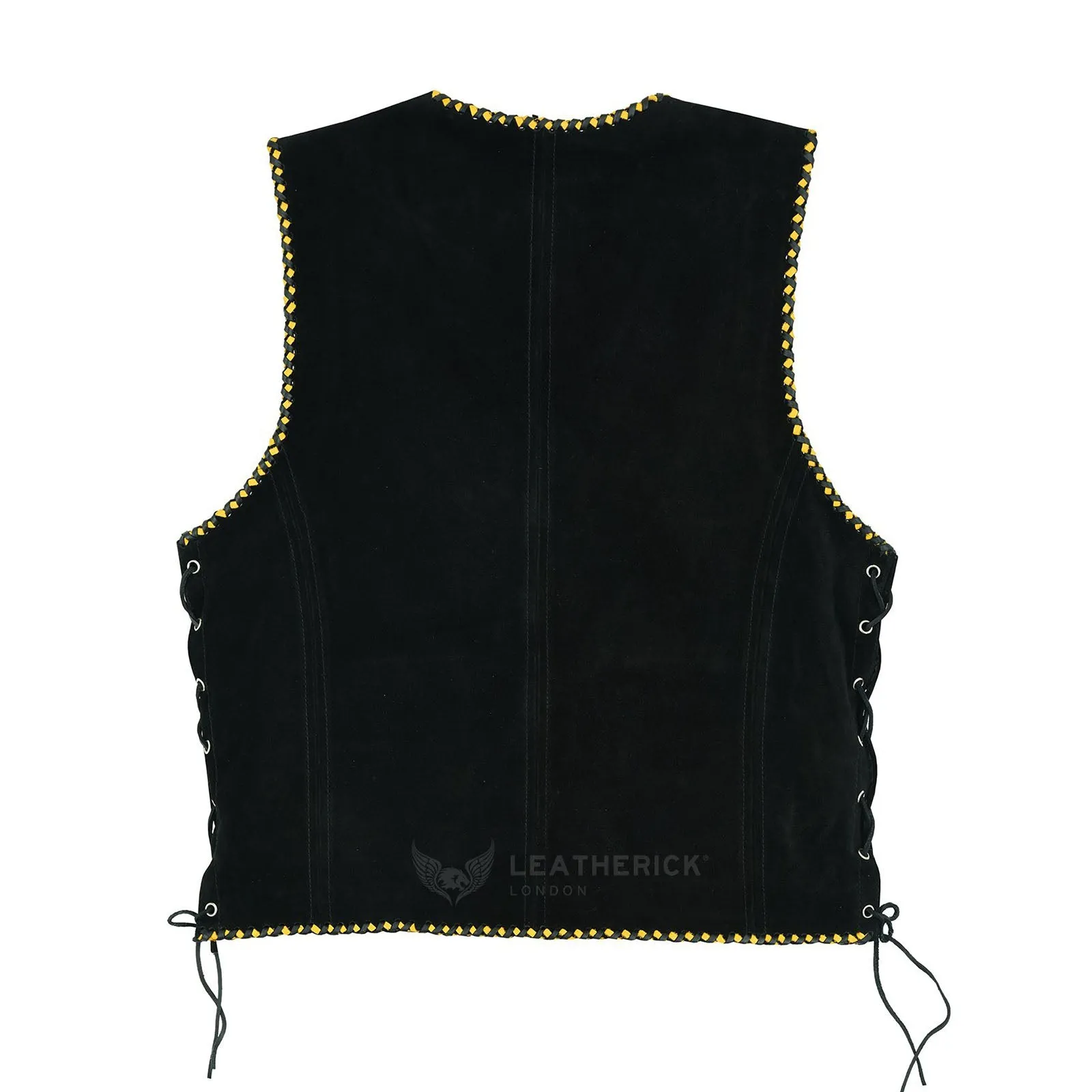 Men Australian Black Suede Biker Leather Vest with Yellow Braid