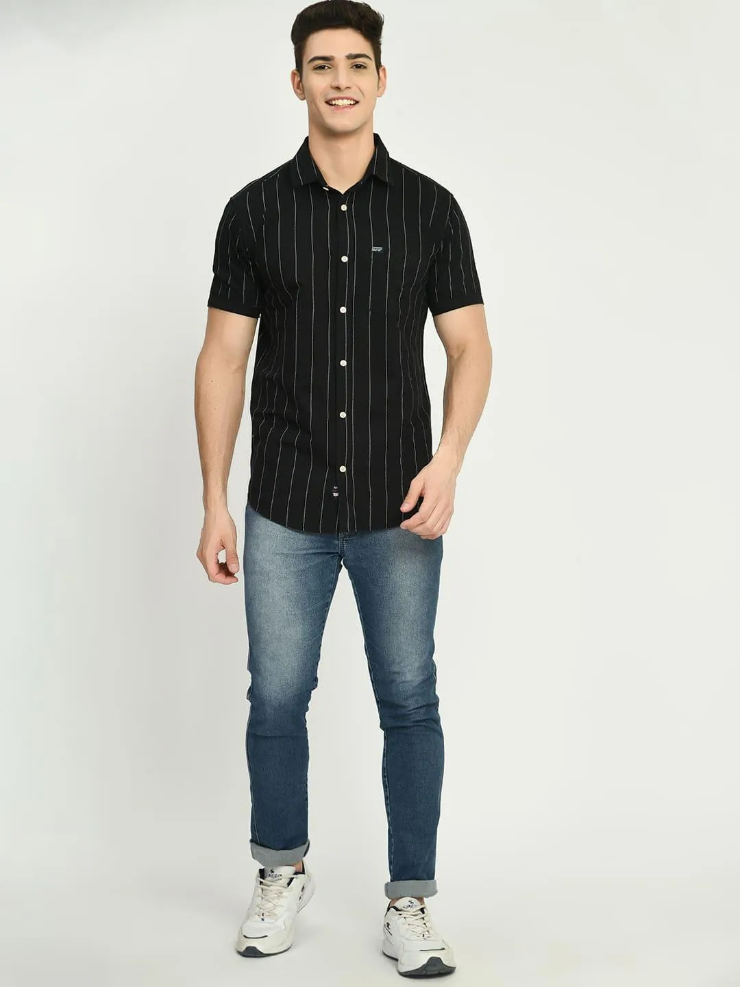 Men's Black Stripes Cotton Spread Collar Shirt