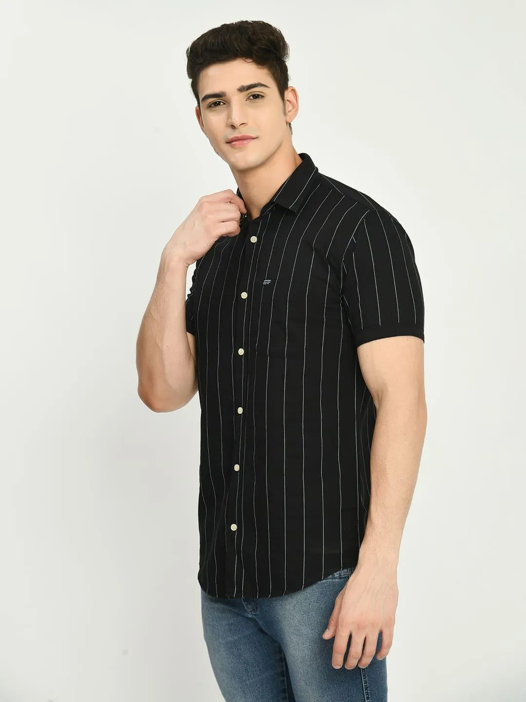 Men's Black Stripes Cotton Spread Collar Shirt