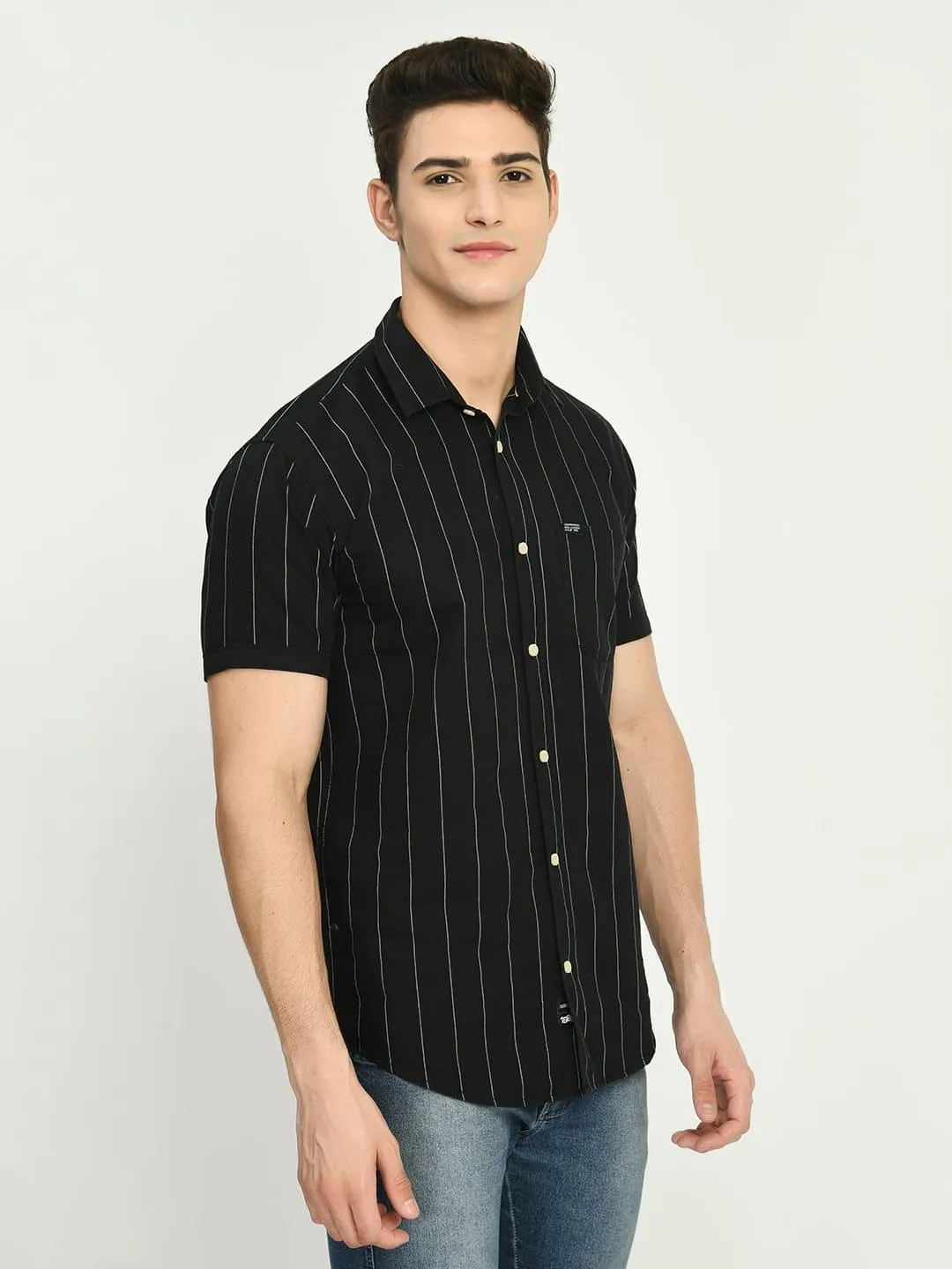 Men's Black Stripes Cotton Spread Collar Shirt