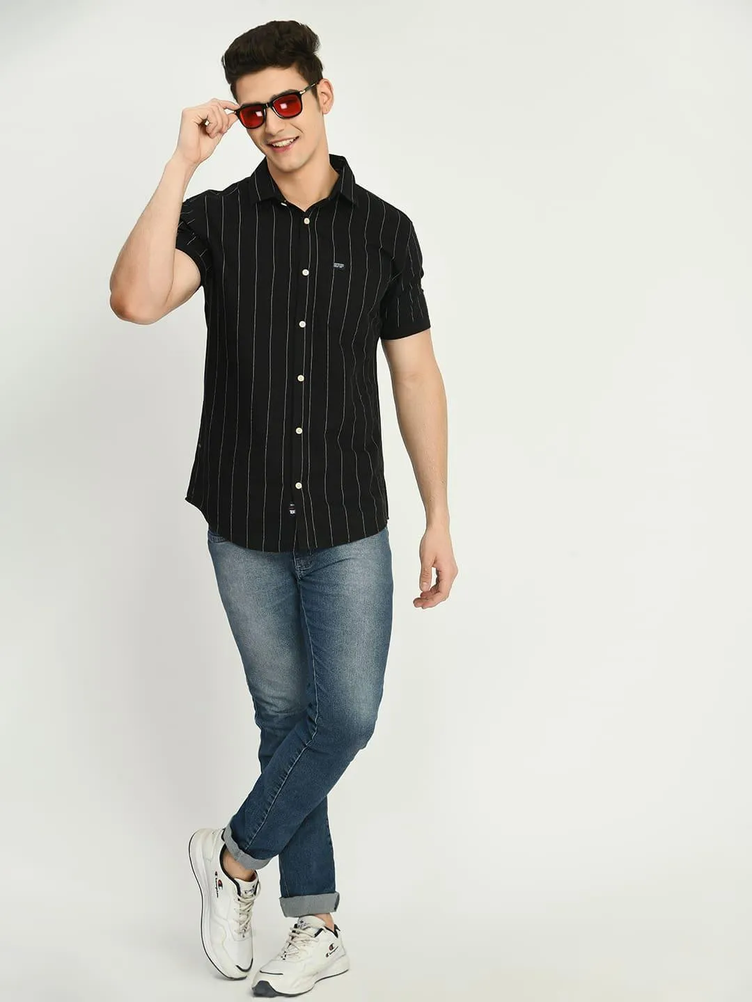 Men's Black Stripes Cotton Spread Collar Shirt