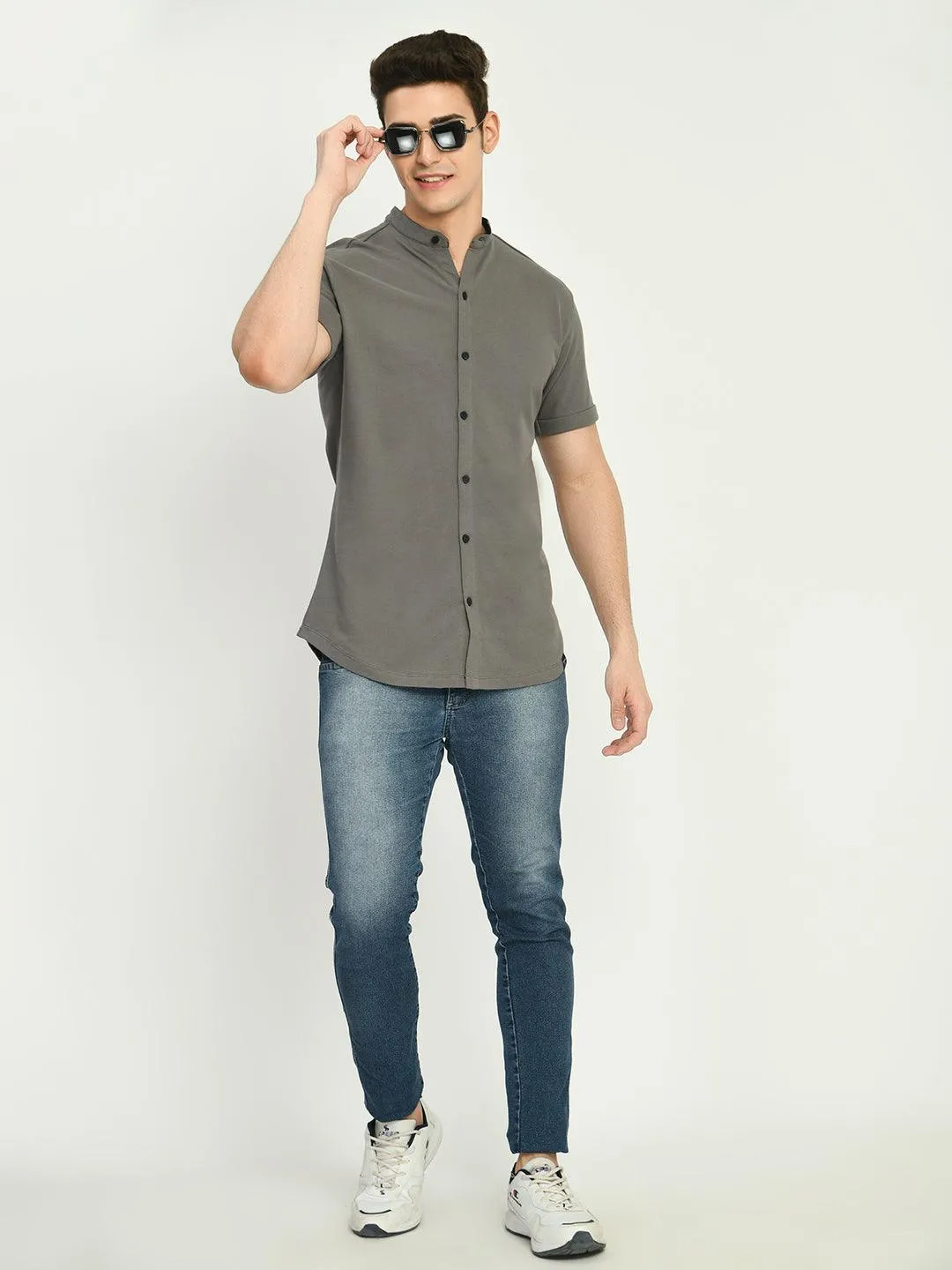 Men's Regular Fit Knit Shirt with Mandarin Collor