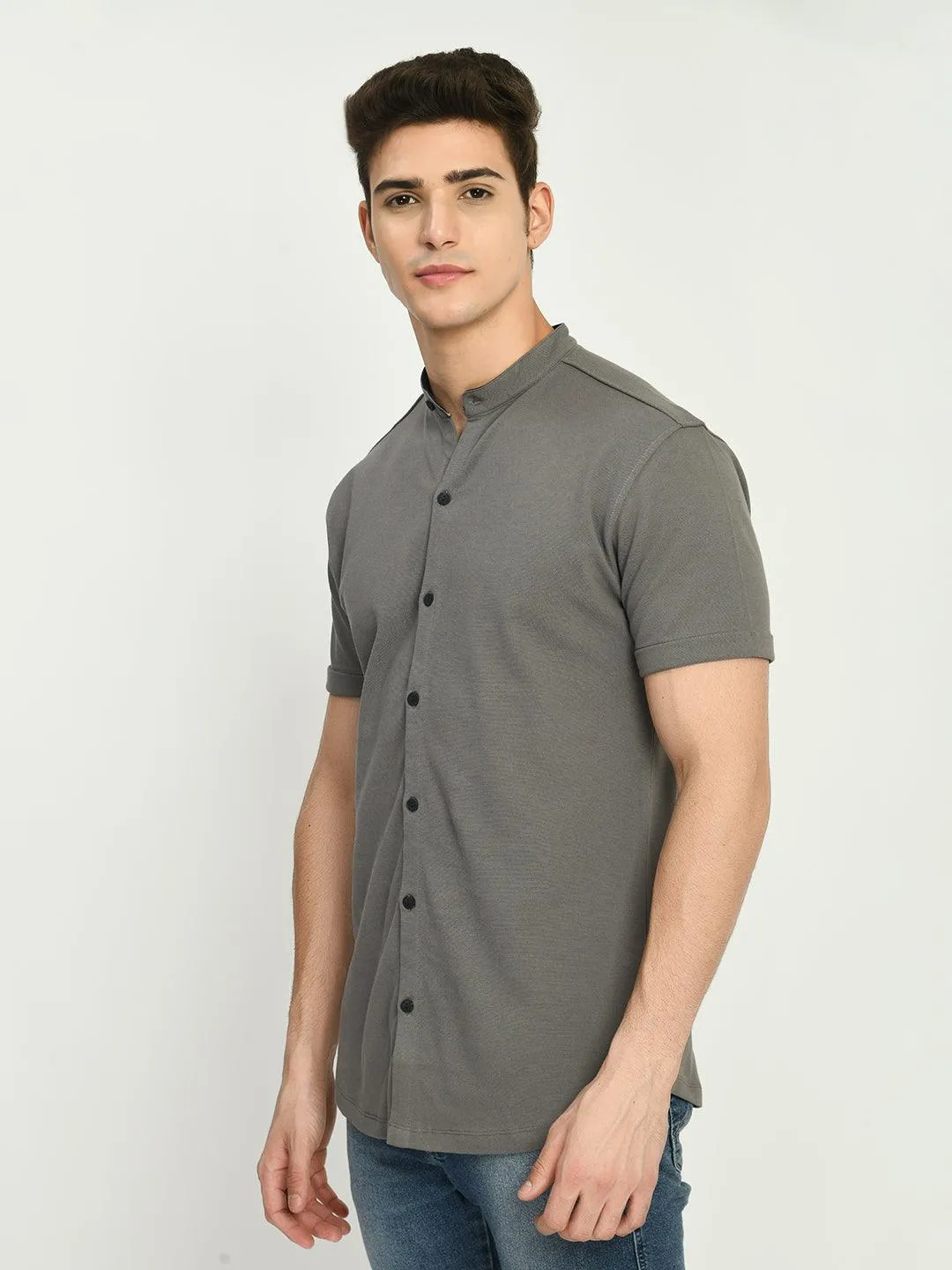 Men's Regular Fit Knit Shirt with Mandarin Collor