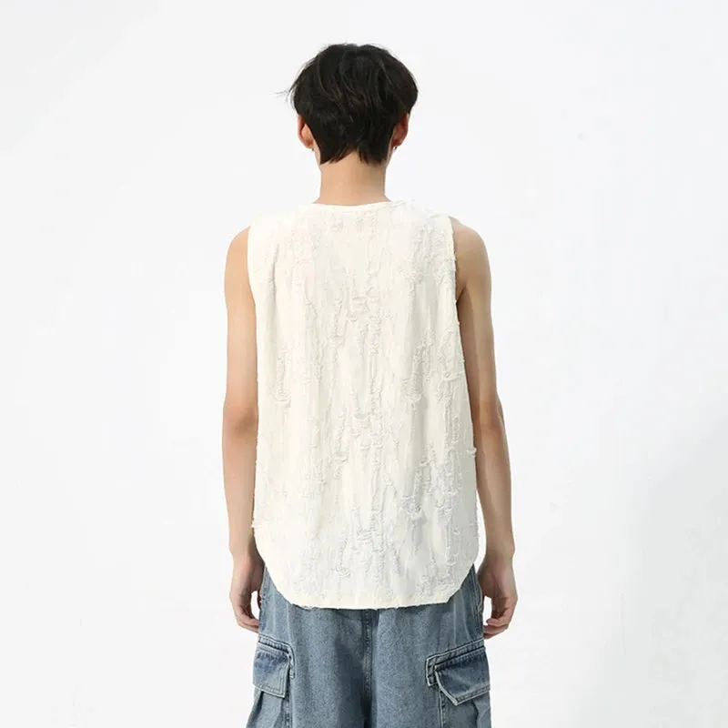 Men's Sleeveless Vest Niche Design Sense Broken Hole Lazy Style Round Neck Casual Male Tank Top Summer 9C5719