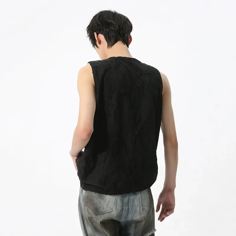 Men's Sleeveless Vest Niche Design Sense Broken Hole Lazy Style Round Neck Casual Male Tank Top Summer 9C5719