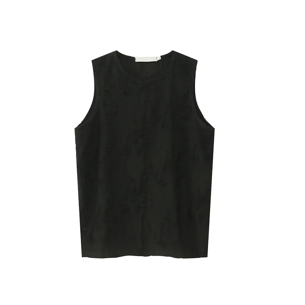 Men's Sleeveless Vest Niche Design Sense Broken Hole Lazy Style Round Neck Casual Male Tank Top Summer 9C5719