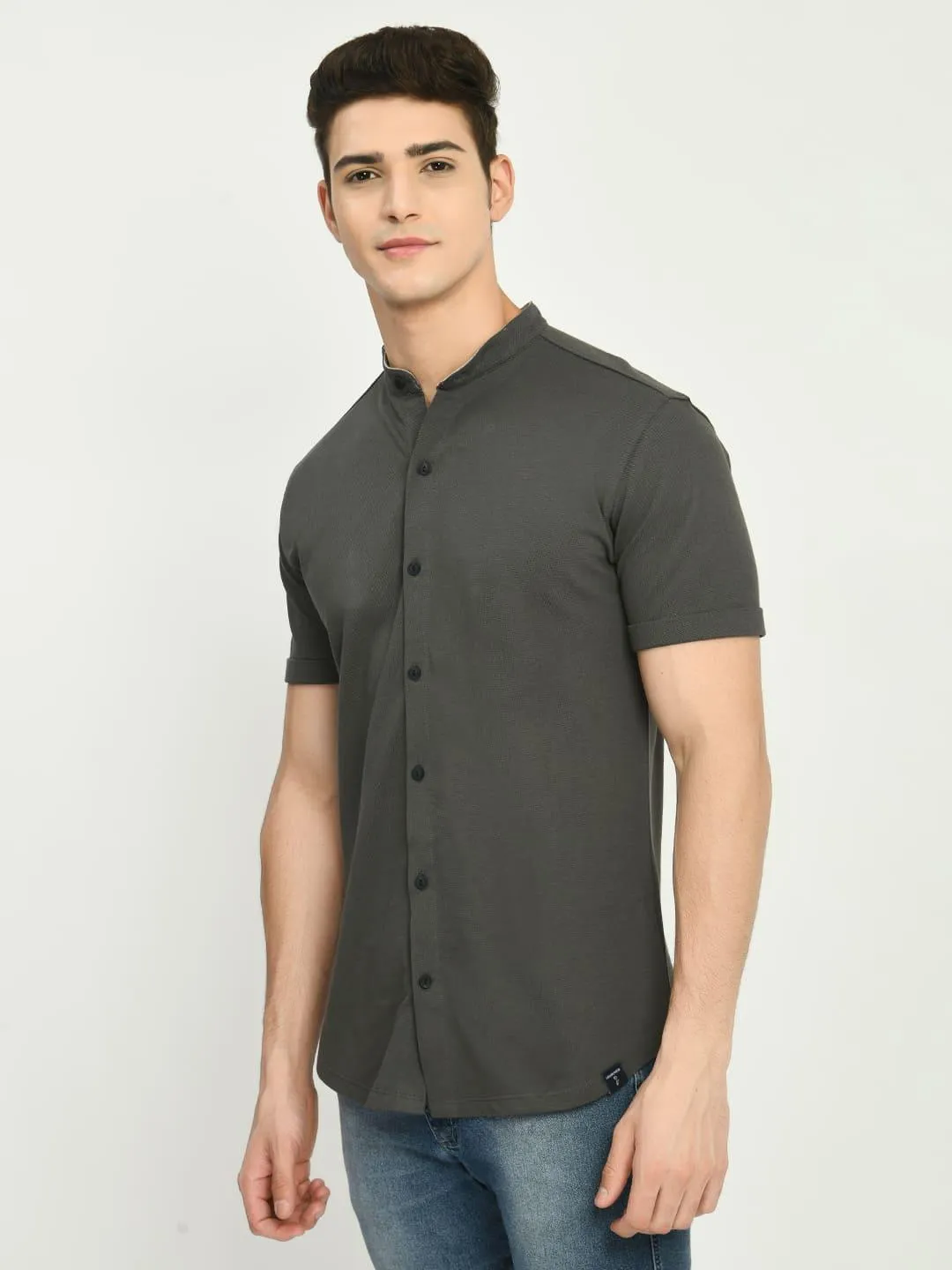 Men's Solid Dark Grey Mandarin Collar Shirt