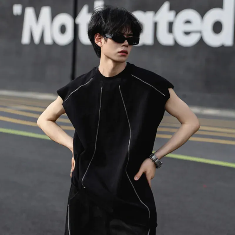 Men's Vest Niche Zipper Design Sports T-shirt Summer Split Shoulder Sleeveless Round Neck Loose Male Tank Top 9C5893