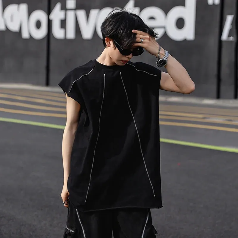 Men's Vest Niche Zipper Design Sports T-shirt Summer Split Shoulder Sleeveless Round Neck Loose Male Tank Top 9C5893