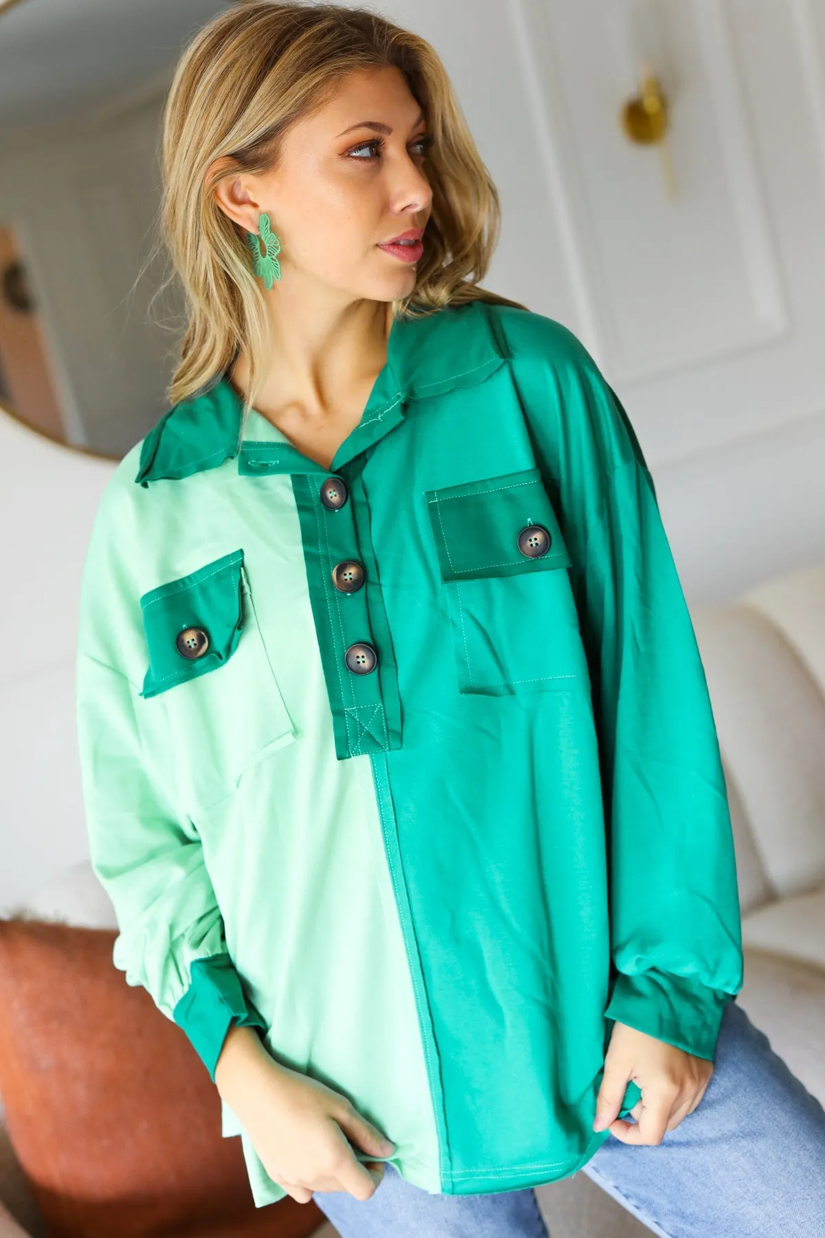 Mint Color Block Button Down Pullover