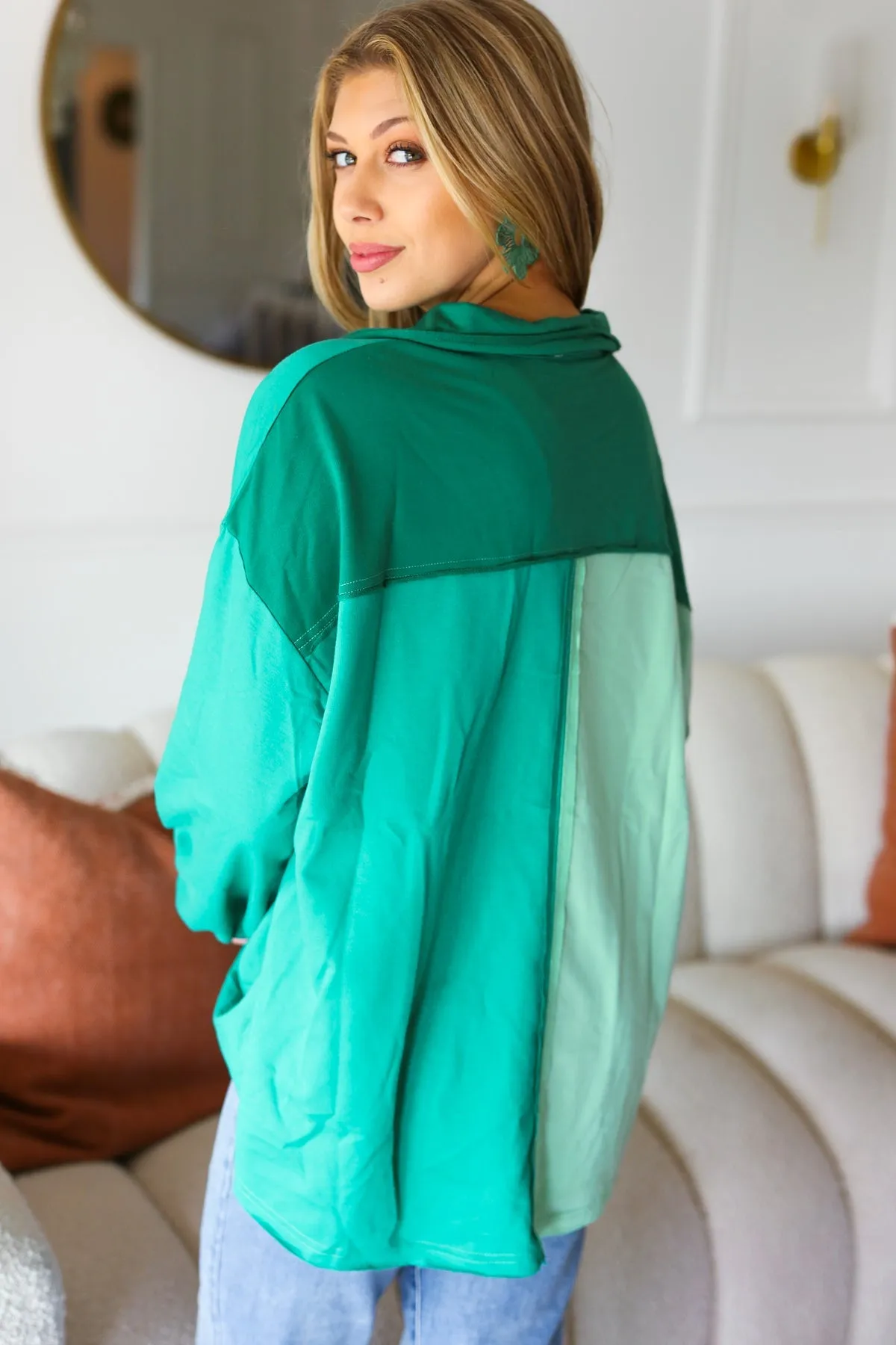 Mint Color Block Button Down Pullover