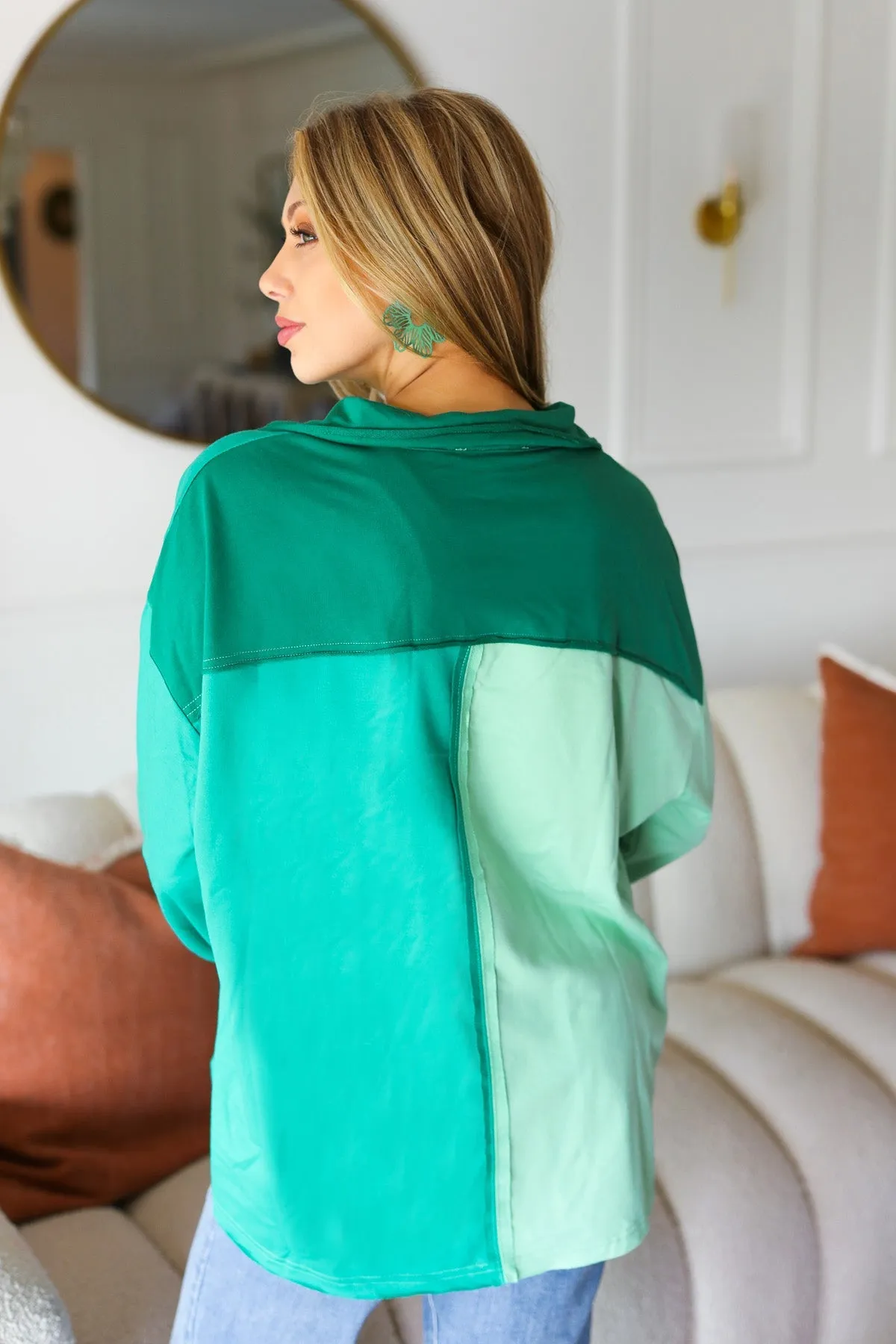 Mint Color Block Button Down Pullover