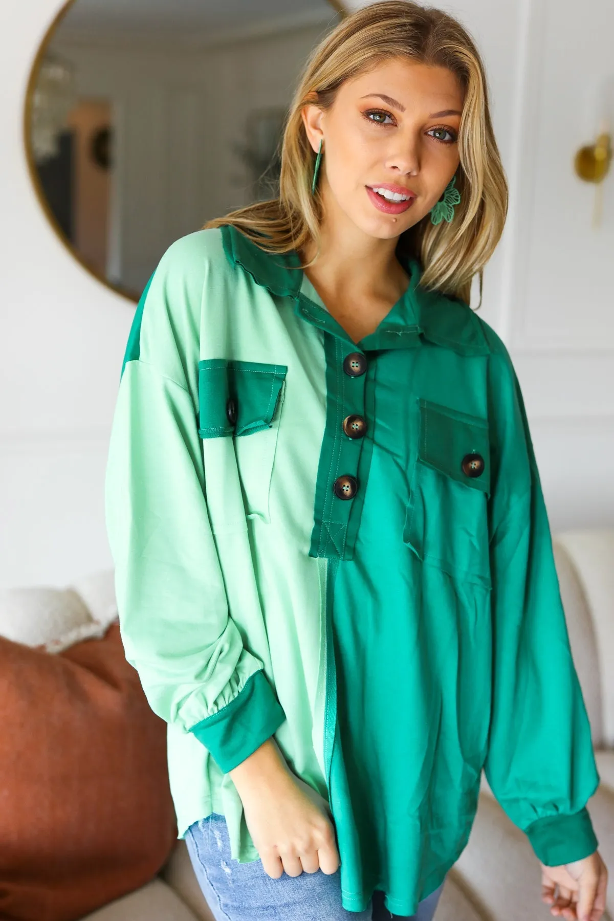 Mint Color Block Button Down Pullover