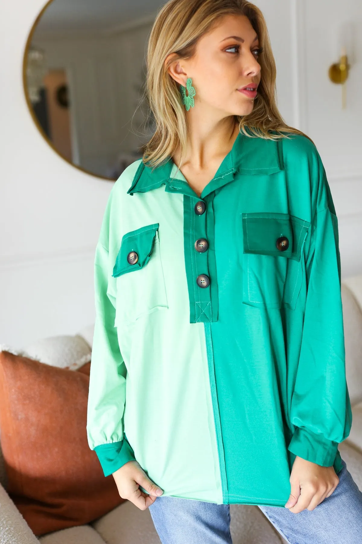 Mint Color Block Button Down Pullover