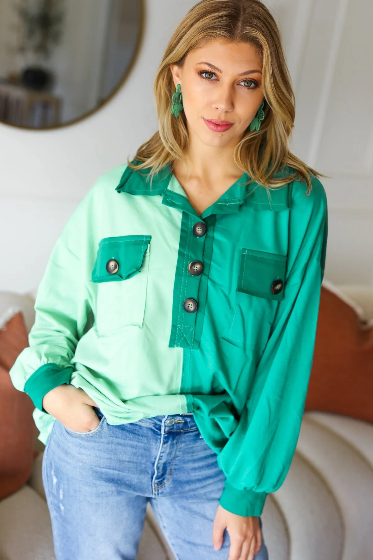 Mint Color Block Button Down Pullover