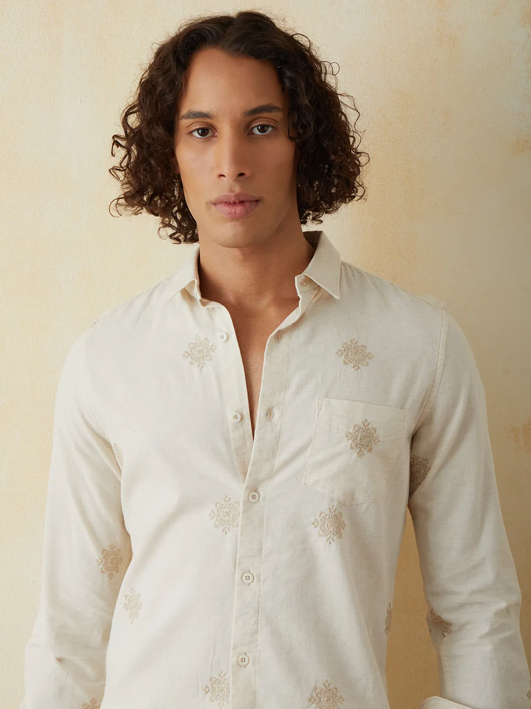 Natural Embroidered Plain Casual Shirt