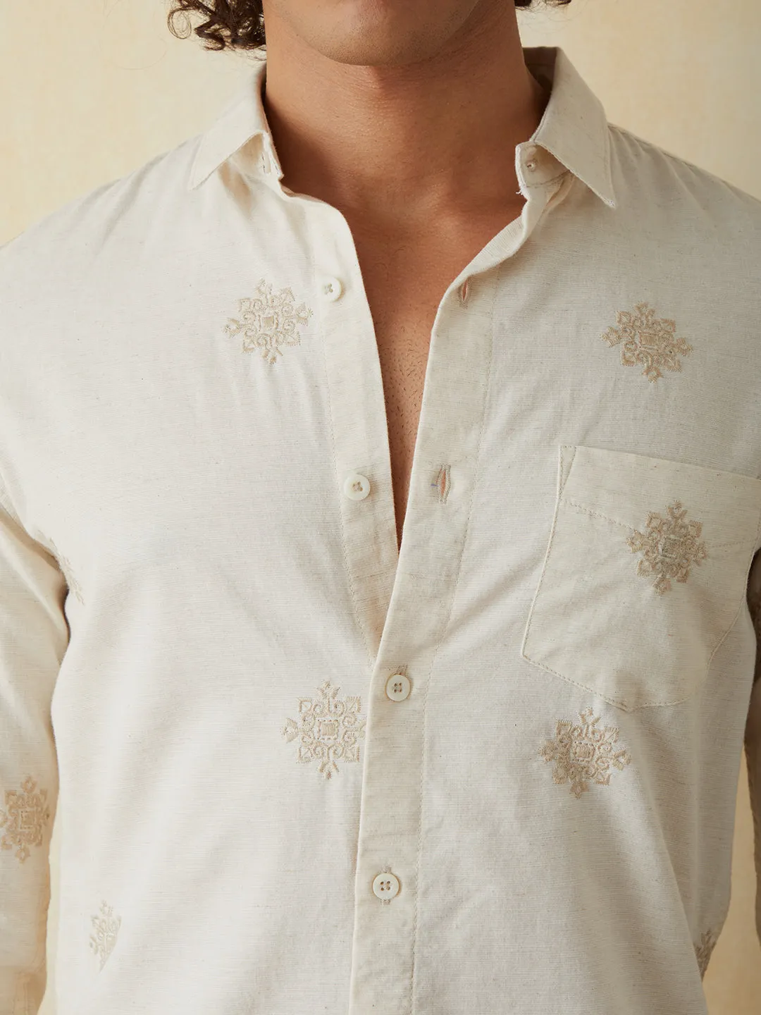 Natural Embroidered Plain Casual Shirt