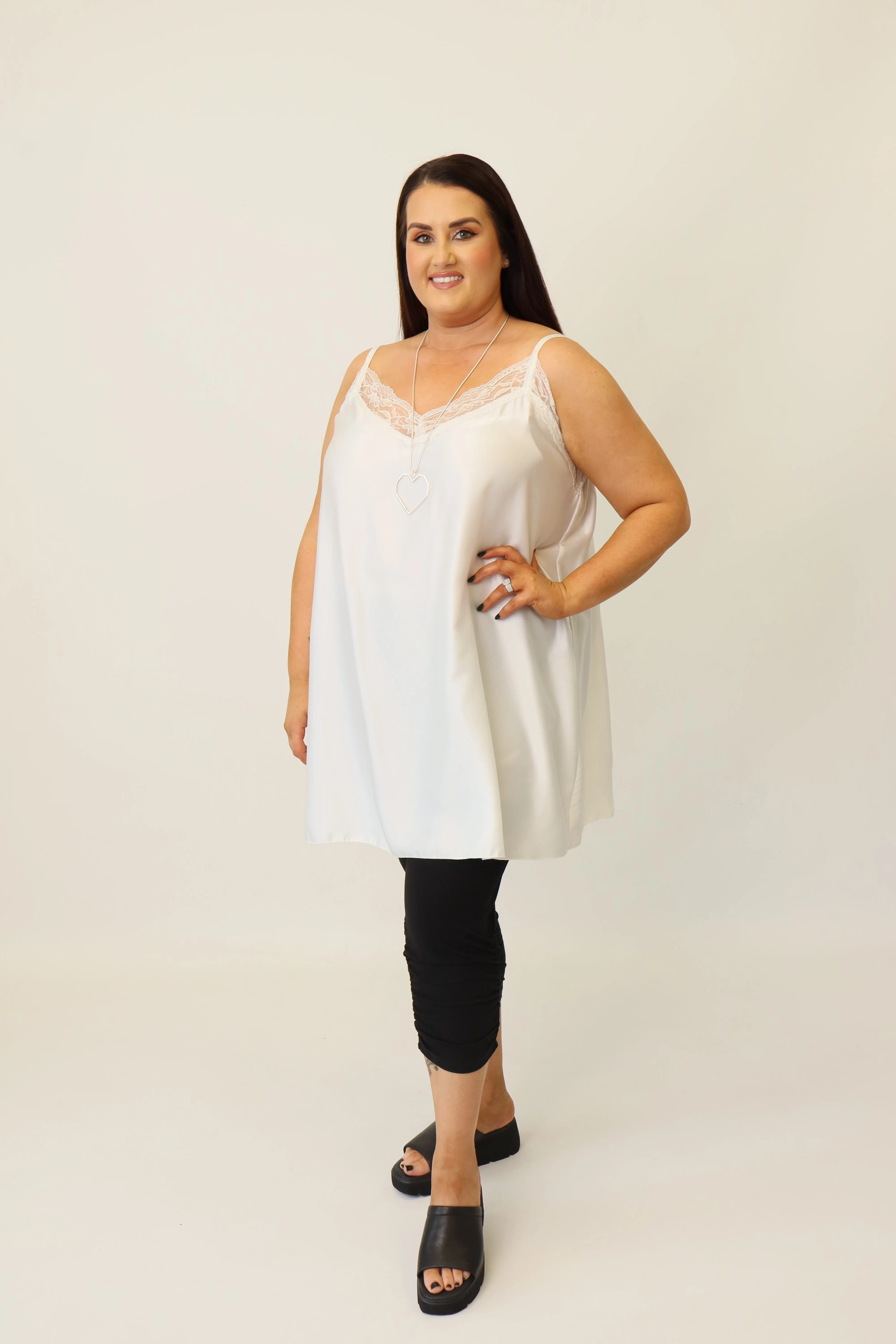 Nia Longline Lace Trim Satin Vest in White