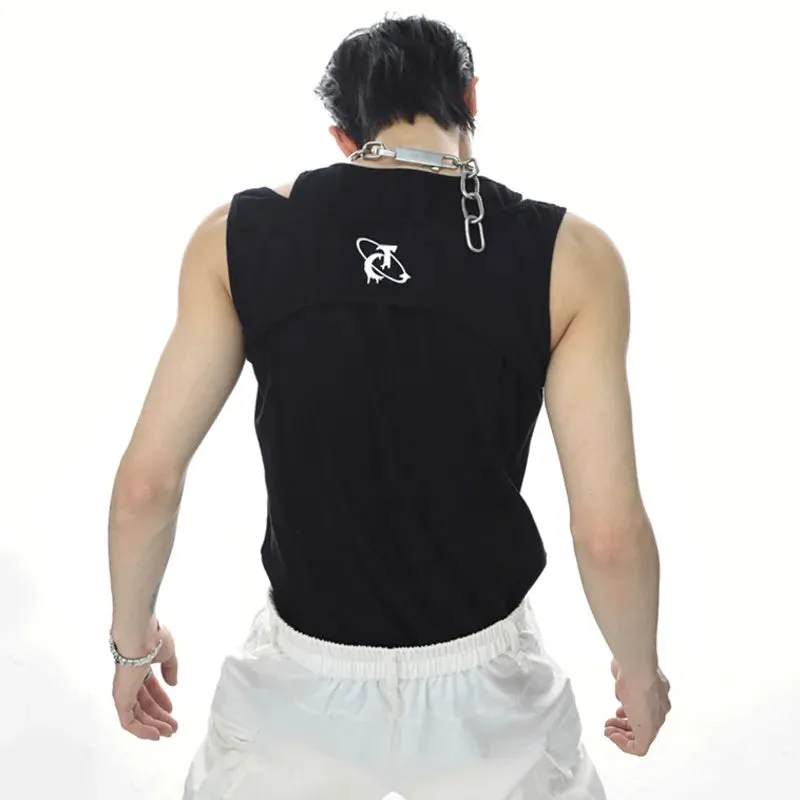 Niche Style Men's Vest Fake Two-piece Metal Snap Letter Printing T-shirts Sleeveless O-neck Male Tank Tops Summer 9C6748