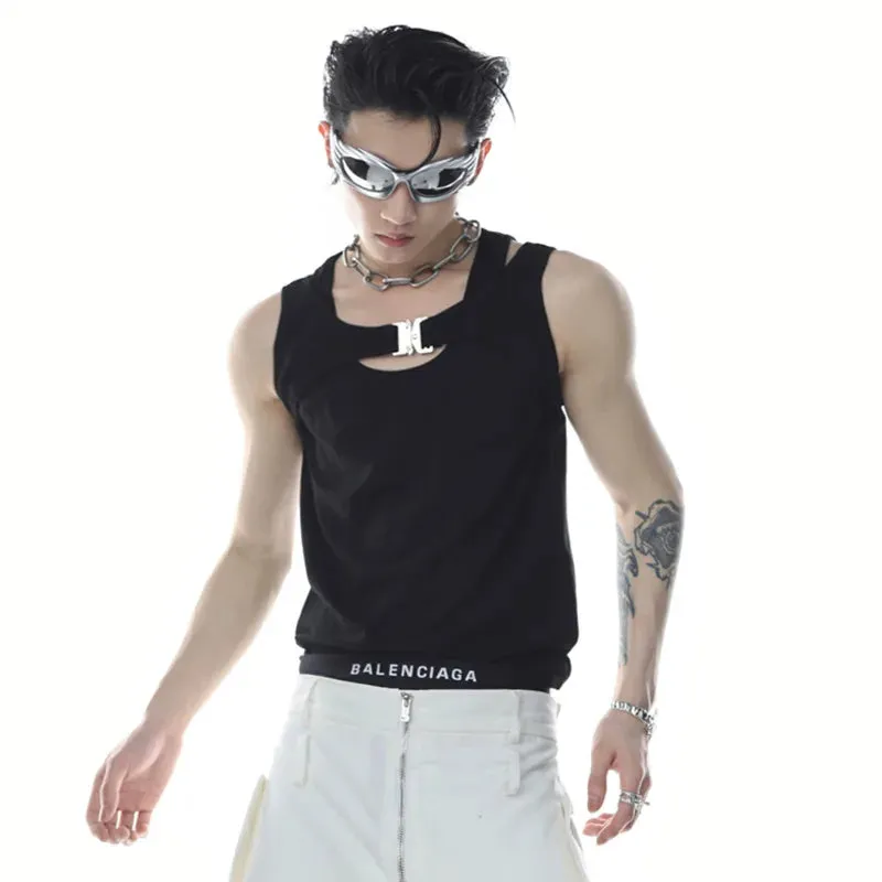 Niche Style Men's Vest Fake Two-piece Metal Snap Letter Printing T-shirts Sleeveless O-neck Male Tank Tops Summer 9C6748