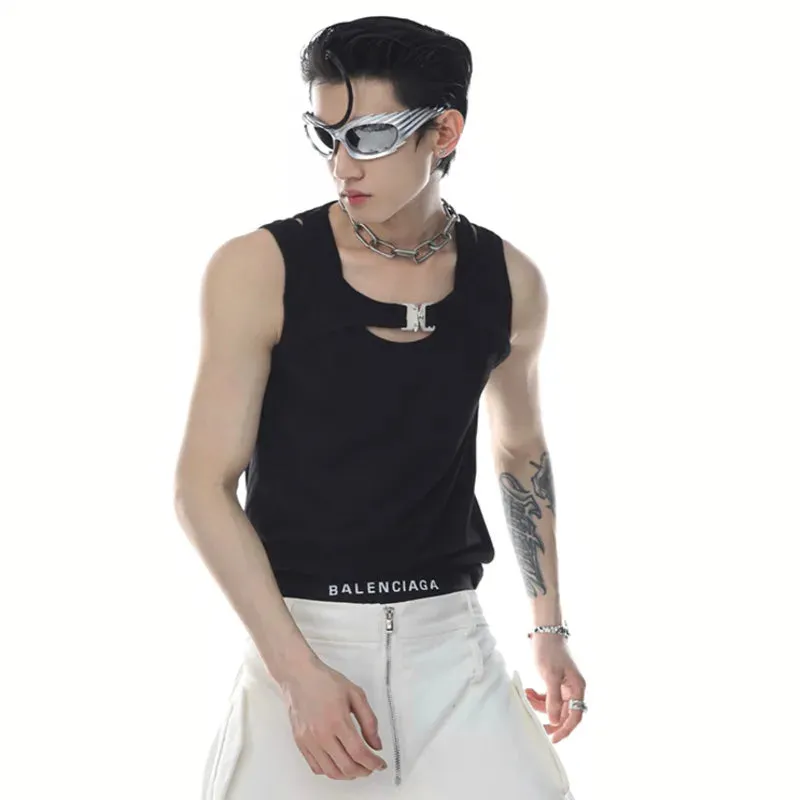 Niche Style Men's Vest Fake Two-piece Metal Snap Letter Printing T-shirts Sleeveless O-neck Male Tank Tops Summer 9C6748