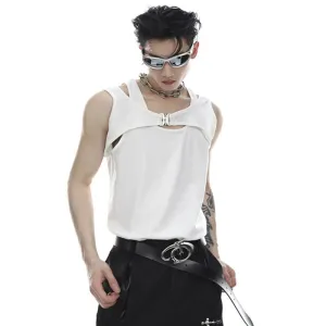 Niche Style Men's Vest Fake Two-piece Metal Snap Letter Printing T-shirts Sleeveless O-neck Male Tank Tops Summer 9C6748