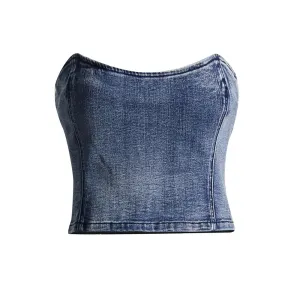 Off Shoulder Denim Tank Tops For Women Strapless Sleeveless Backless Solid Vest Female Fashion Style Clothing