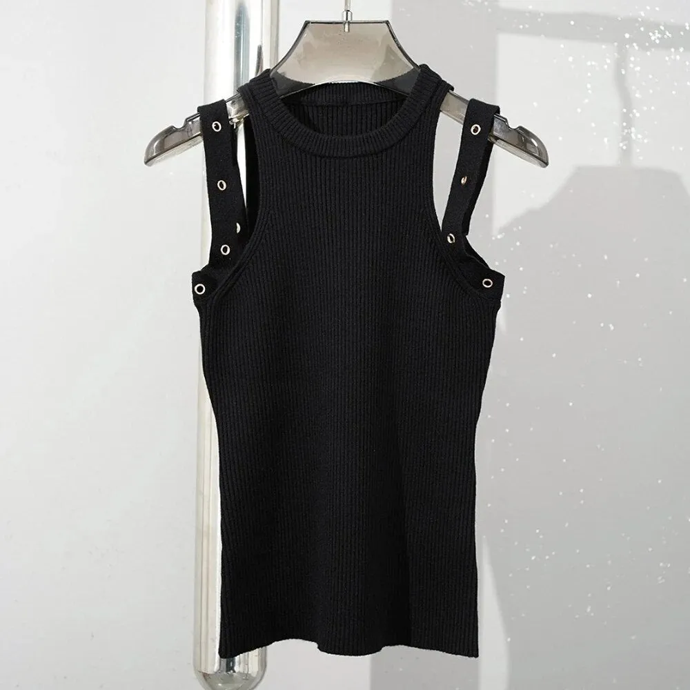 Patchwork Metal Buckle Tank Top For Women Round Neck Sleeveless Solid Slimming Off Shoulder Vest Female Fashion