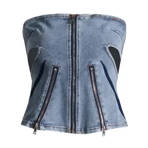 Patchwork Zipper Denim Tank Tops For Women Strapless Sleeveless Hollow Out Summer Sexy Vest Female Fashion Clothing