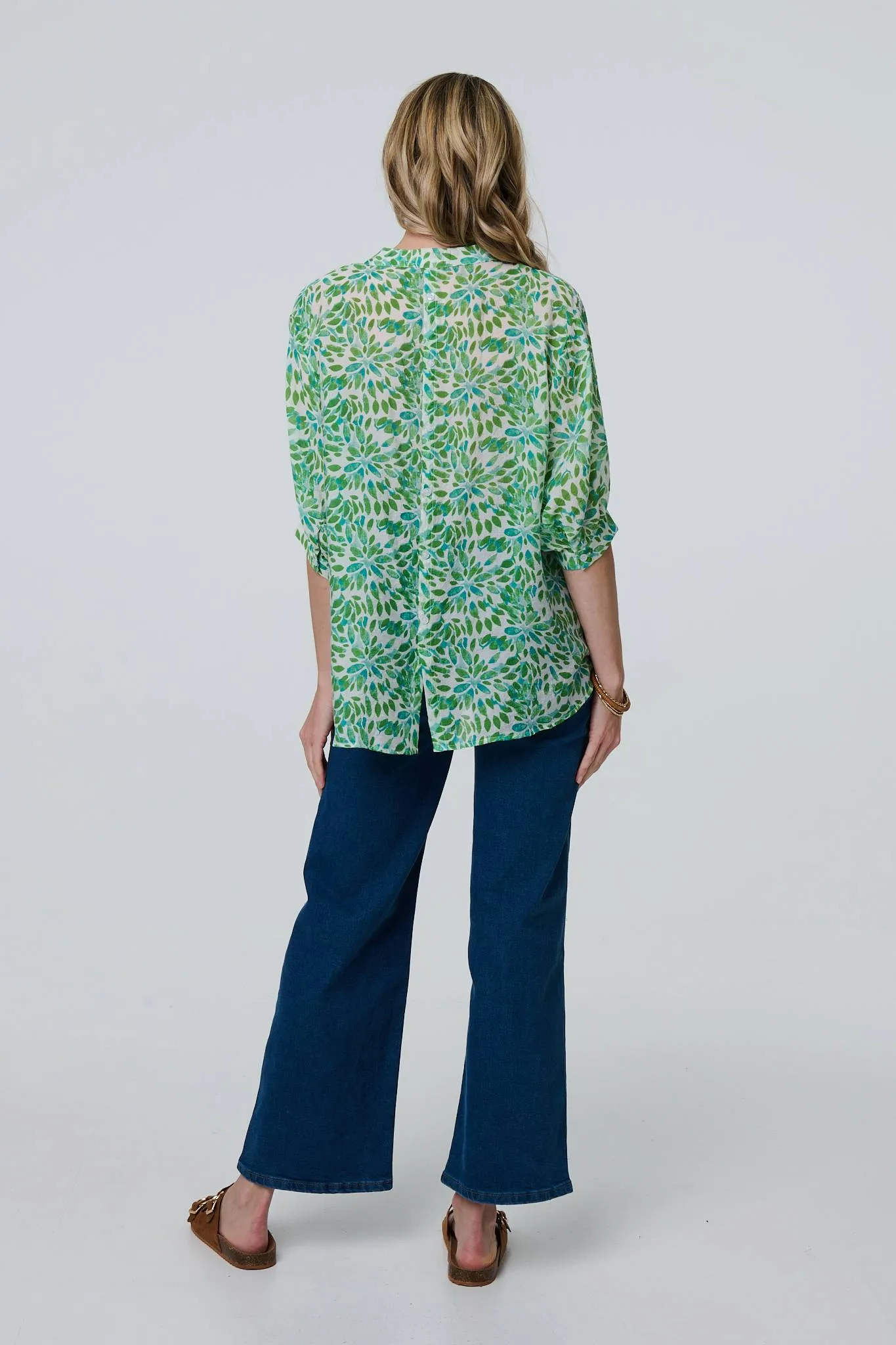 Printed 3/4 Turn-Up Sleeve Collarless Blouse