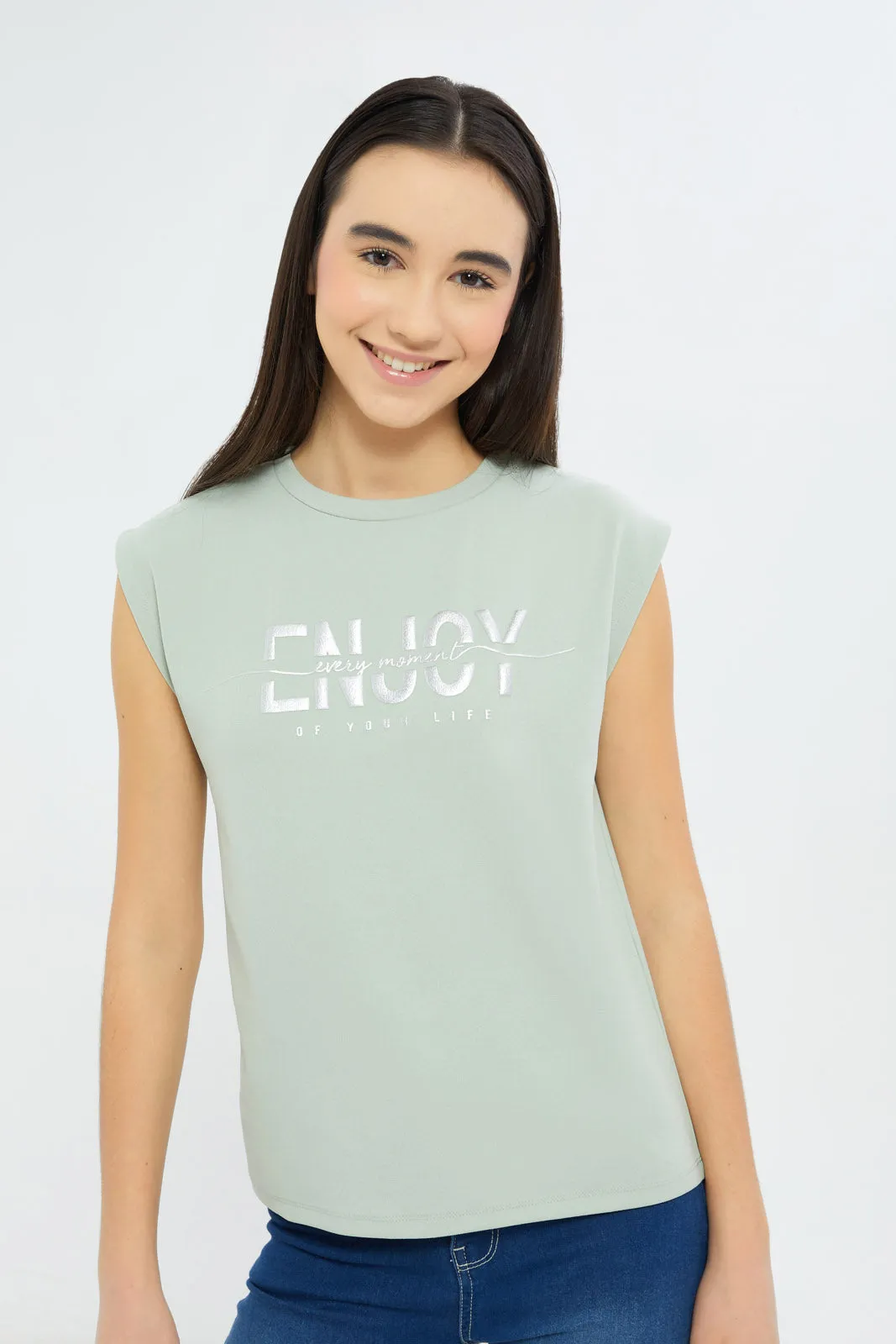 Senior Girls Mint Enjoy Print Top