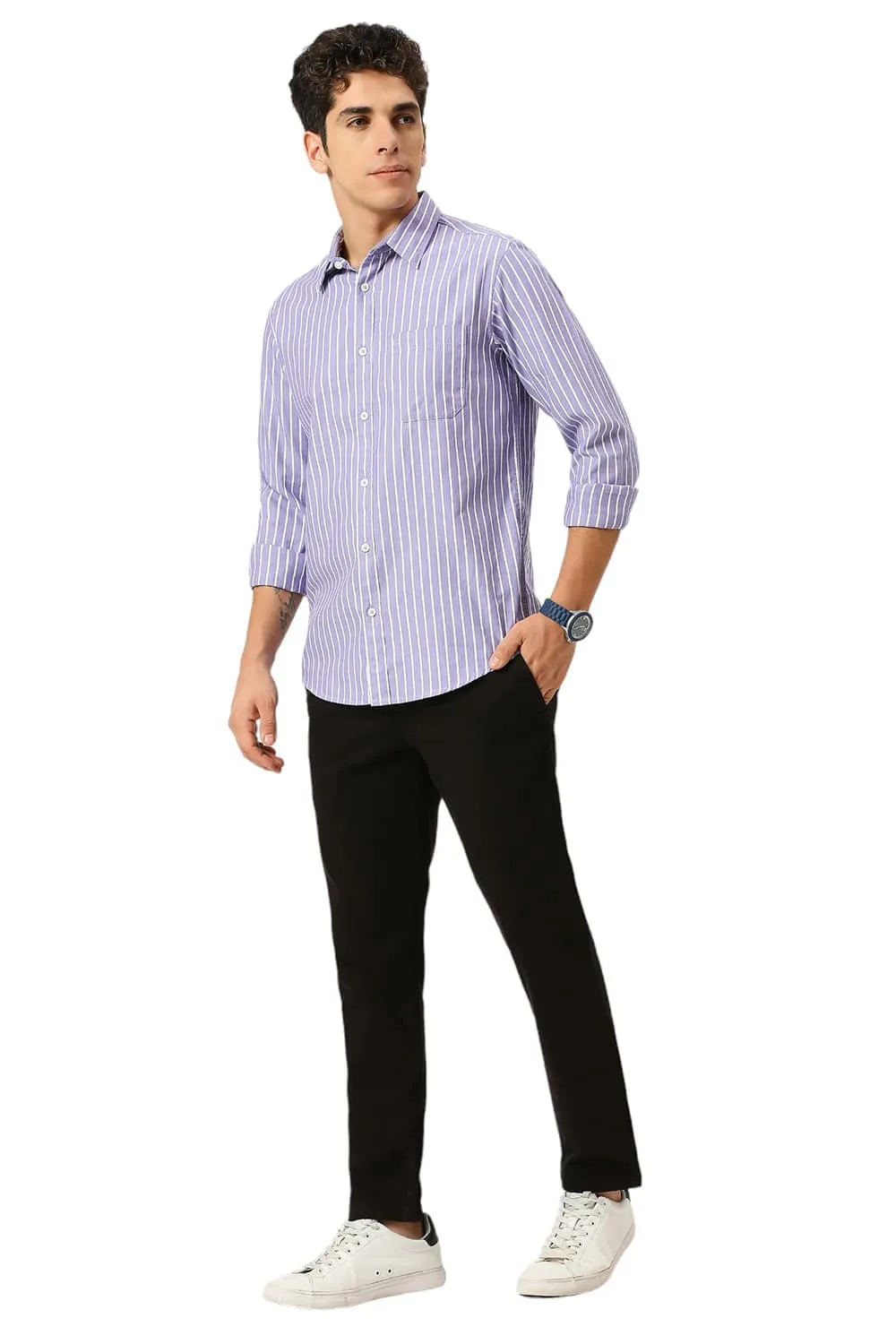 Slim Fit Cotton Herringbone Stripe Shirt