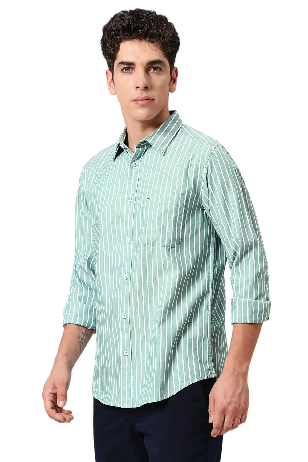 Slim Fit Cotton Herringbone Stripe Shirt