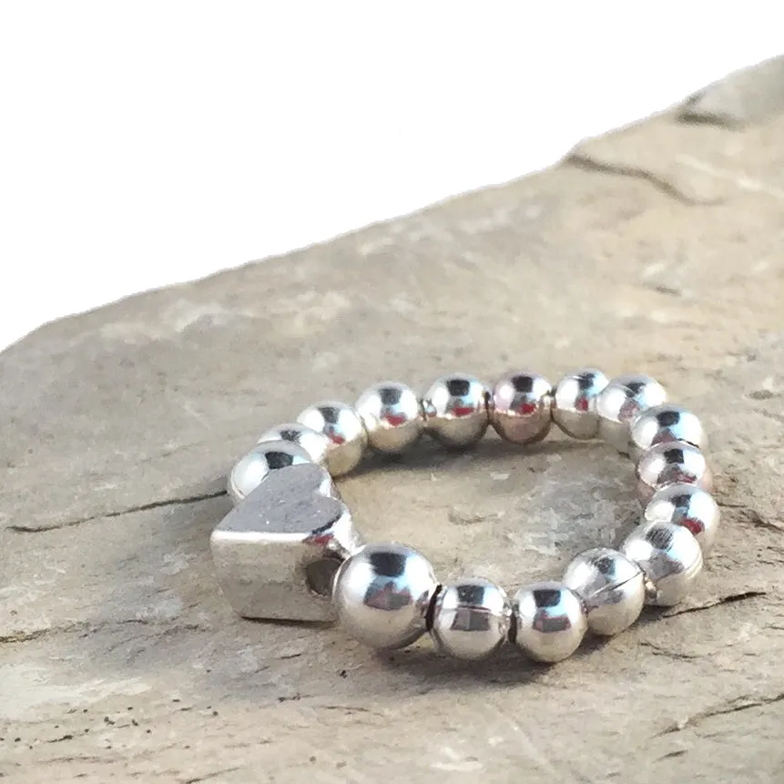 Small Heart Stretch Ring with Silver Plated Beads