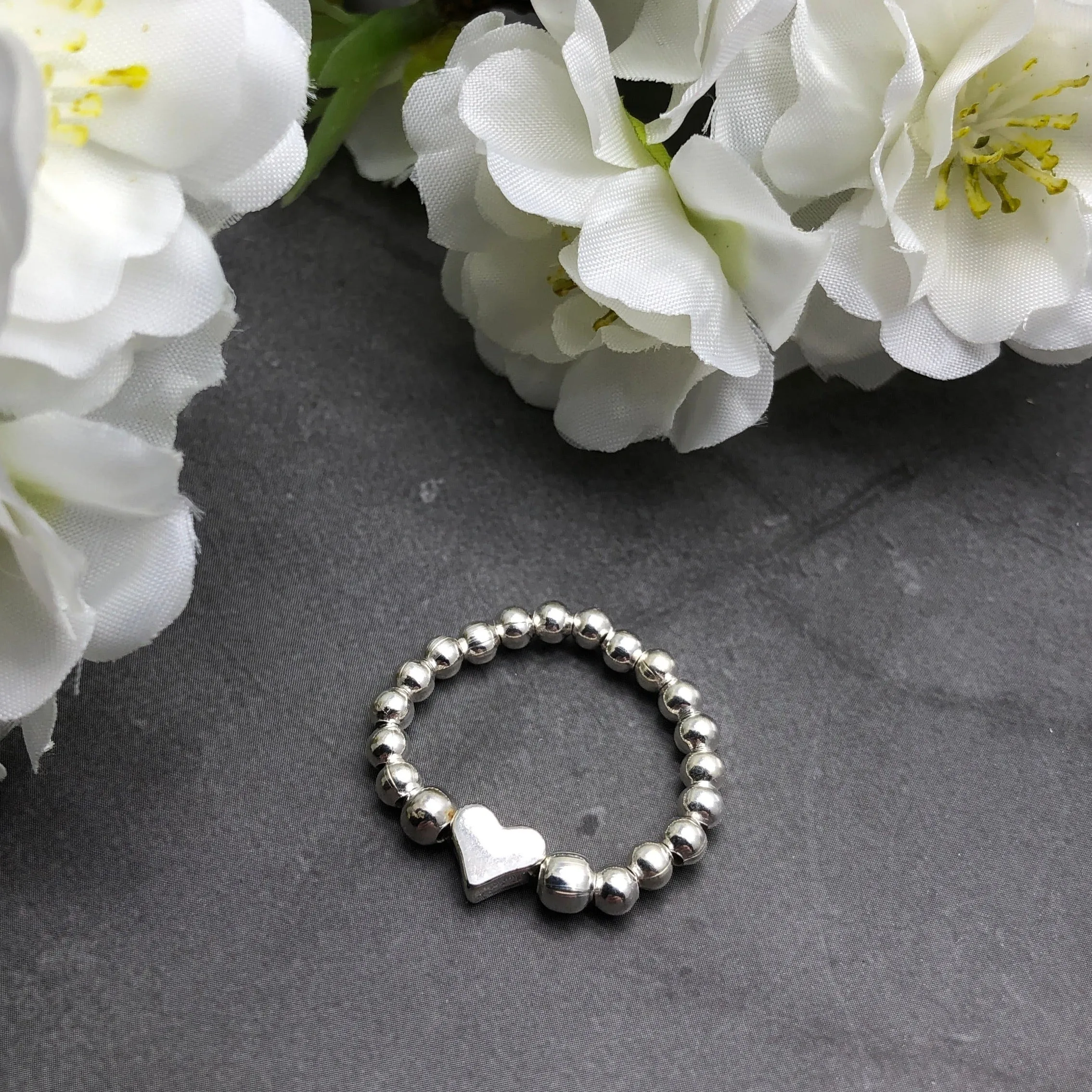 Small Heart Stretch Ring with Silver Plated Beads