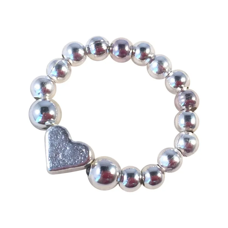 Small Heart Stretch Ring with Silver Plated Beads