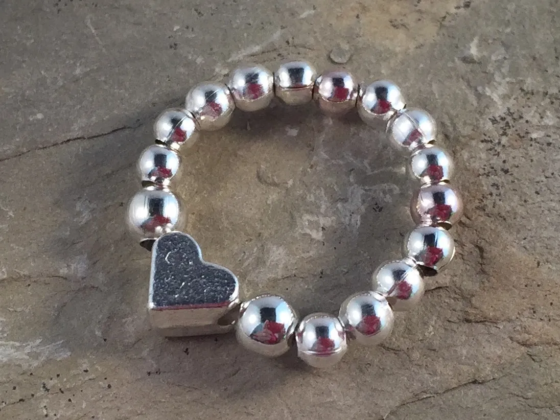 Small Heart Stretch Ring with Silver Plated Beads