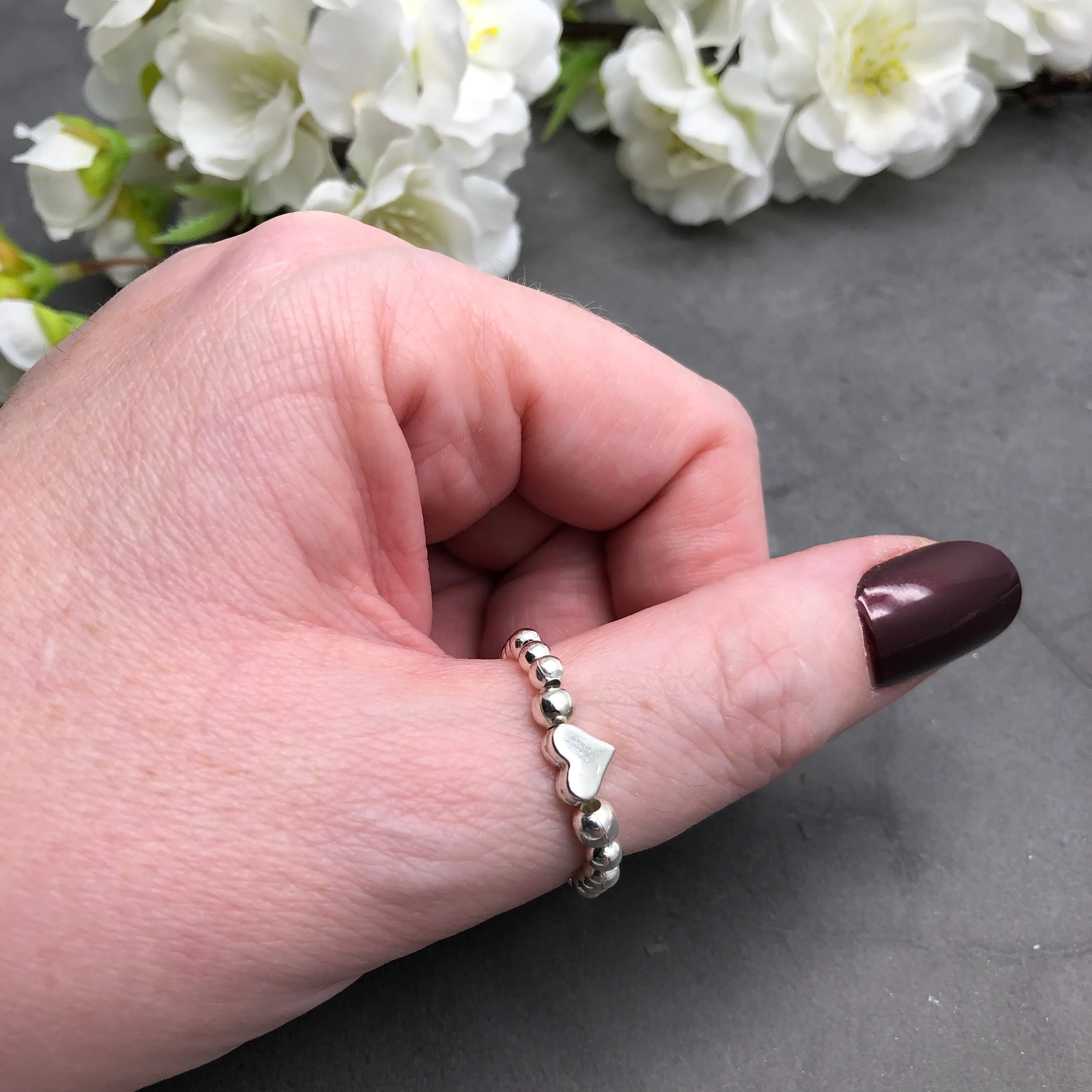 Small Heart Stretch Ring with Silver Plated Beads