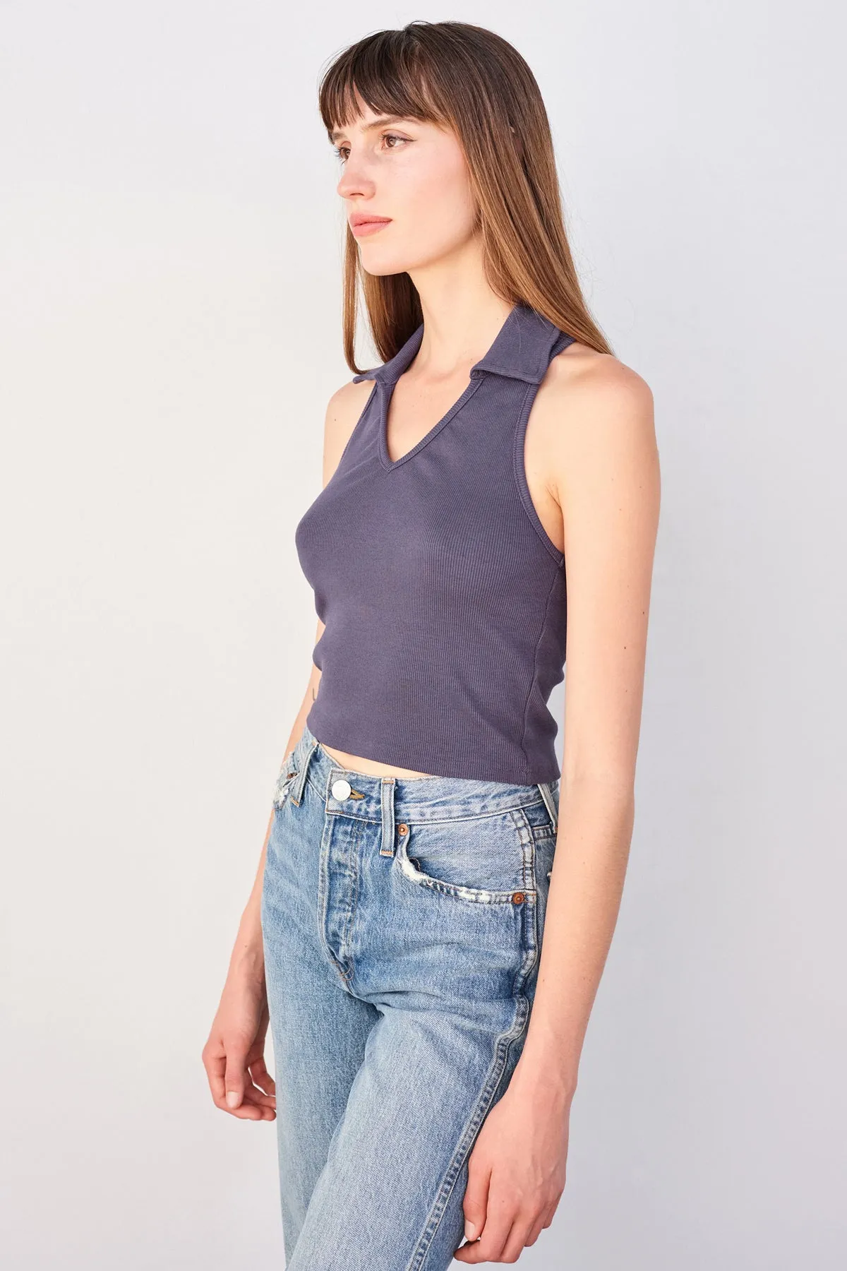 Sundry Johnny Collar Crop Tank in Navy