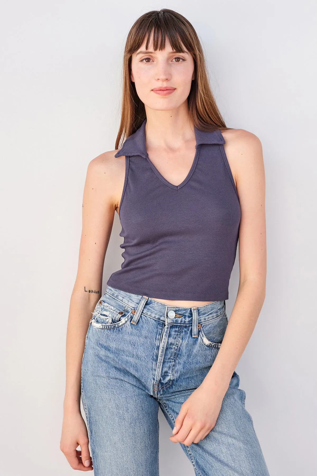 Sundry Johnny Collar Crop Tank in Navy