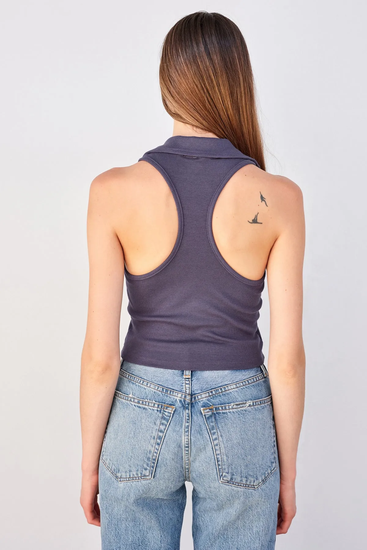 Sundry Johnny Collar Crop Tank in Navy