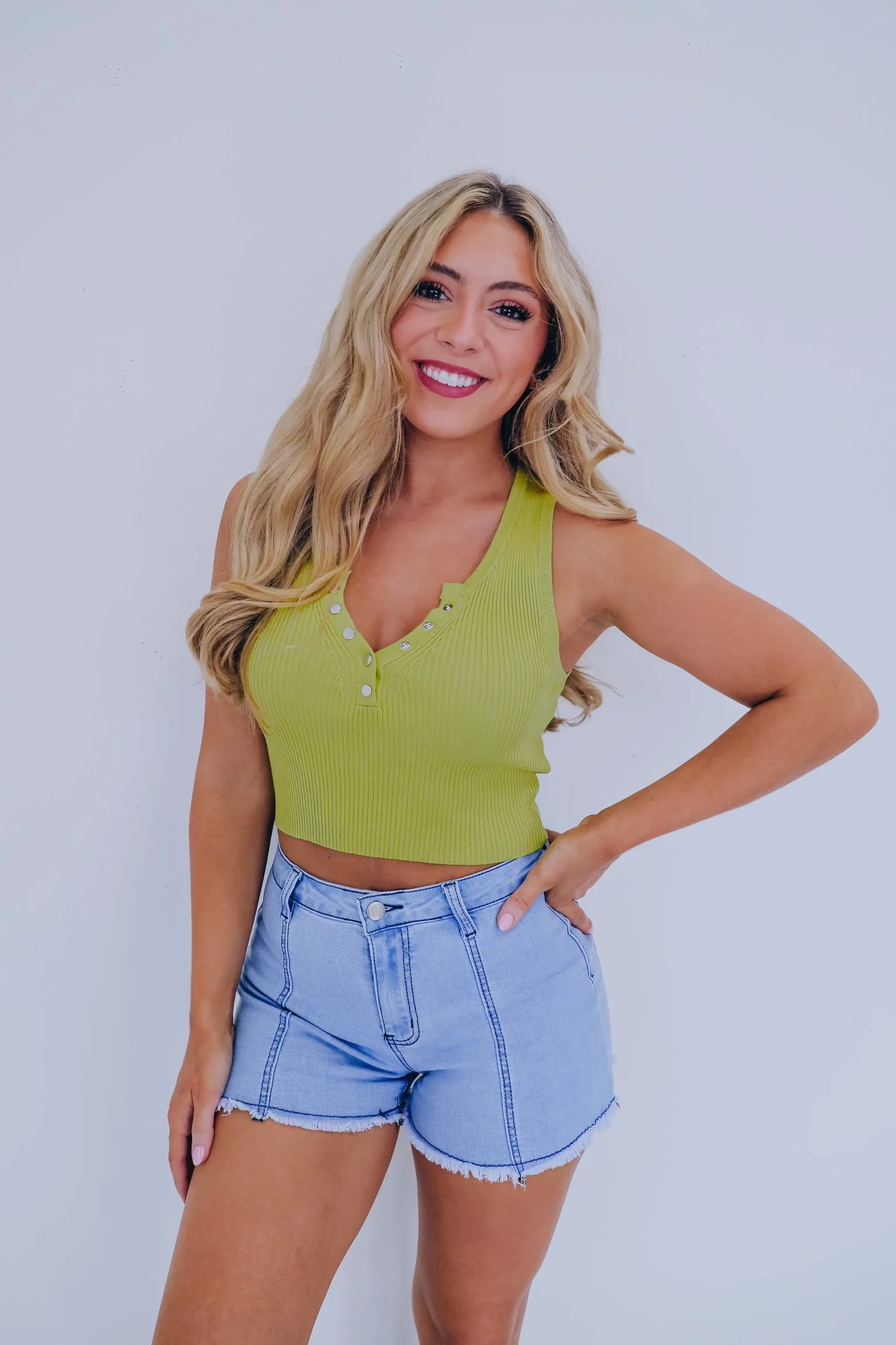 Trendy Button Front Cropped Tank - Lime